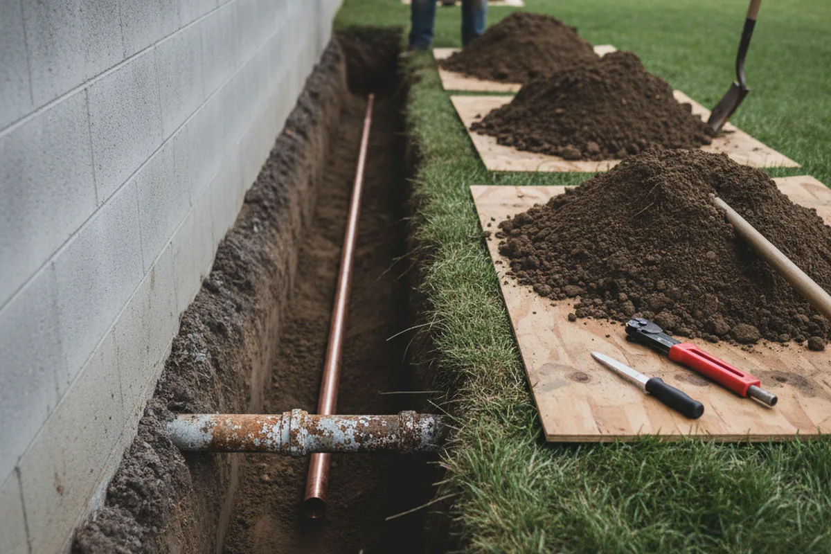 Excavated water line trench during Sewer Line Repair in Mineral Bluff